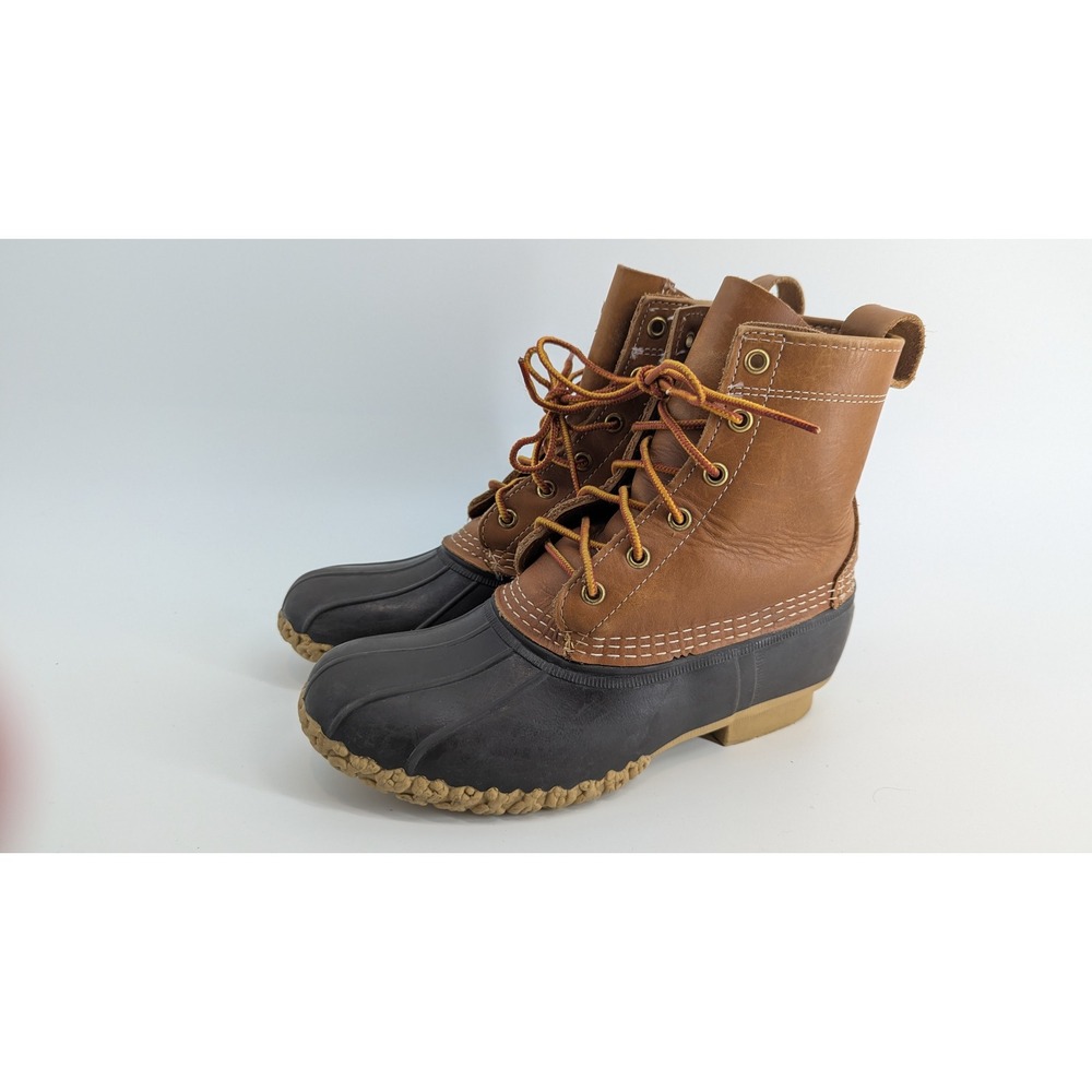 LL Bean Boots 8 Inch Duck Boots Tan Navy Leather Waterproof Mens 9 M Made in USA